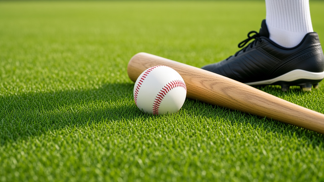 Baseball and cleat on the diamond grass