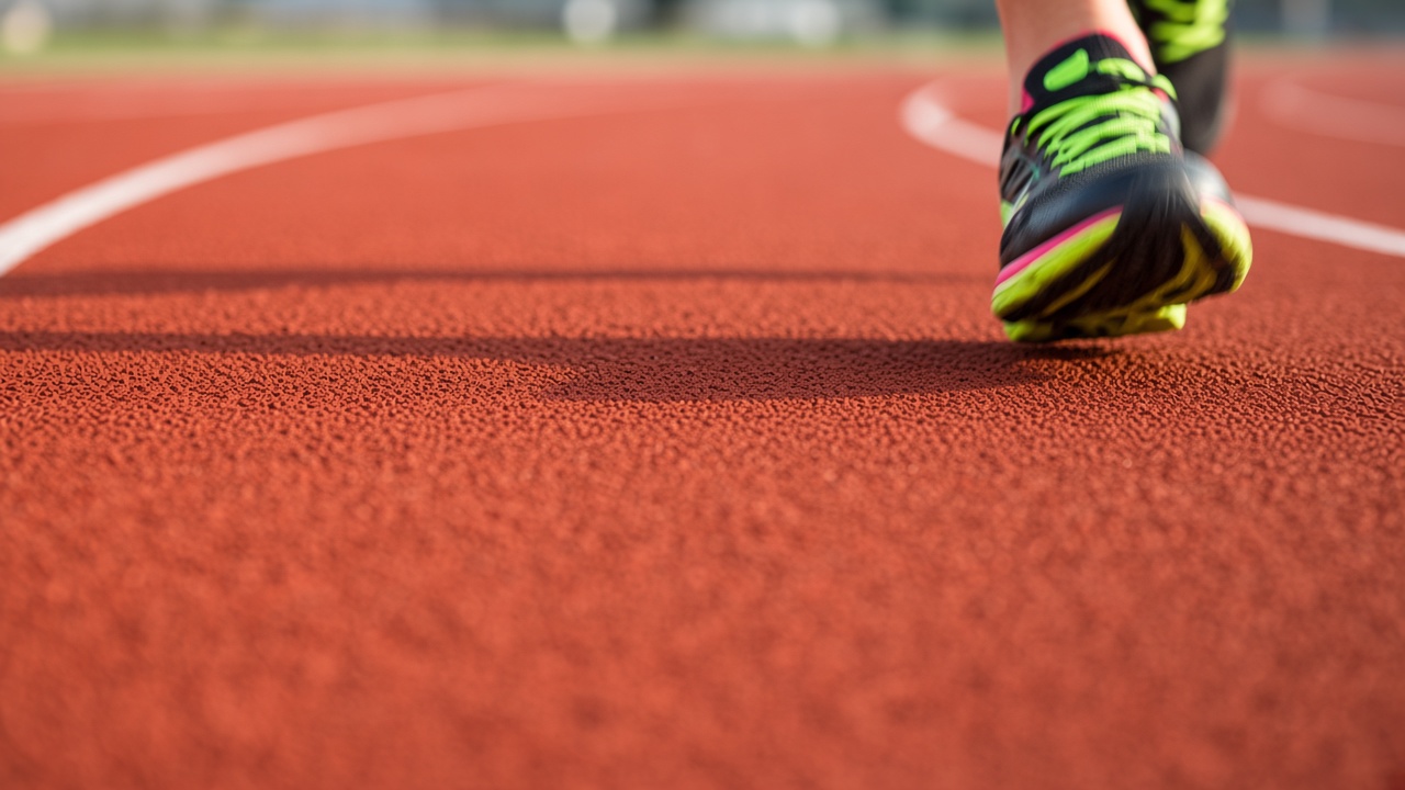 Running shoes mid-stride on the track