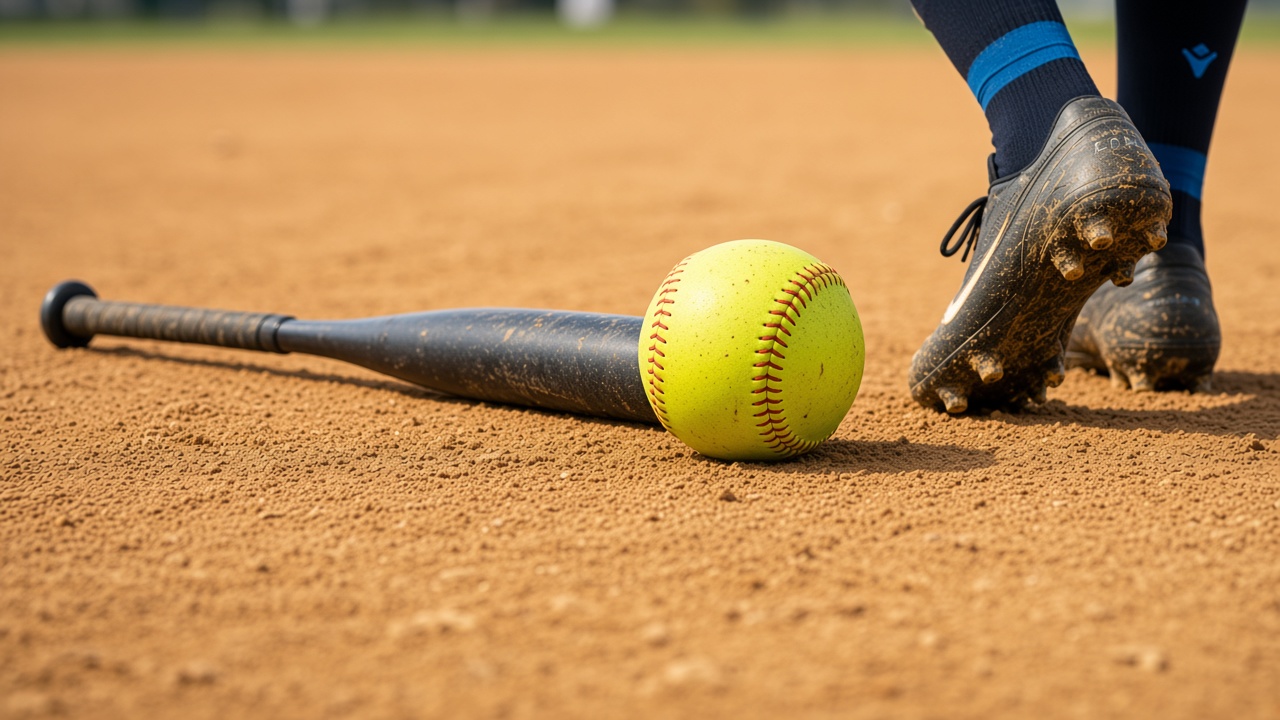 Softball and cleat on the infield dirt